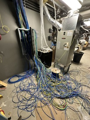 Low Voltage Cable Management - We were hired to run missing low-voltage and electrical cabling, test and verify all existing wiring, and complete the installation of network racks, sound system, security cameras, and Lutron keypad controls. All systems were tested, organized, and installed to meet NYC standards, ensuring a clean and reliable final result.