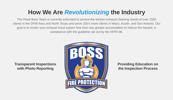 Fire Suppression Inspection and Installation - As a resource to our clients and to become a full-service Kitchen Exhaust System provider, Hood Boss now offers Fire Protection Services through our sister company Boss Fire Protection. It is the same great customer service and account management you have experienced over the years, providing a new service. Please check out more information below and click the links to learn more on their website.