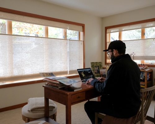 Top down bottom up Woven Wood Shades - This client had a street facing office with large window on nearly every wall. They also happened to have very nice, large, mature trees surrounding their home. The perfect solution were unlined, woven wood roman shades that were also top-down-bottom up to provide privacy from passers' by, without closing their space down. Top down bottom up Woven Wood Shades - This client had a street facing office with large window on nearly every wall. They also happened to have very nice, large, mature trees surrounding their home. The perfect solution were unlined, woven wood roman shades that were also top-down-bottom up to provide privacy from passers' by, without closing their space down.