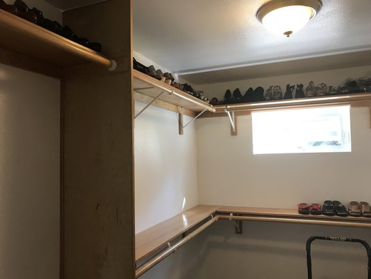 Closet Install - This closet was wire racks before we painted and installed hemlock wood to match the hard wood floors we installed. Give us a call for your free estimate 360-524-6300
