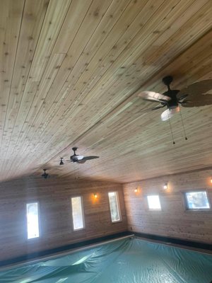 Cedar Wood Installation for Indoor Pool - Check out this Cedar T&G boards we installed a while back for this awesome customer! What better way to finish your indoor pool room with the fresh look and smell of cedar?!!! Reach out to us today for quality trusted craftsmanship.