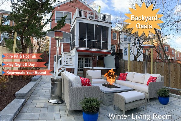 Backyard Oasis in the City - This rowhouse backyard was transformed from an overgrown, cramped space into an oasis in the city, providing fun activities for both day and night, summer and winter. A gas fire pit and outdoor heaters create the perfect outdoor winter living room. Cozy hot tub, roaring fire and sparkling string lights create a relaxing ambiance for chilling and socializing with family and friends all year round. Low knee walls create planting beds and provide extra seating.

FEATURES: 

> Patio
> Gas fire pit
> Hot tub
> String lights 
> Outdoor heaters
> Retaining walls (low)
> Plantings, beds, borders
> Fence
> Drainage