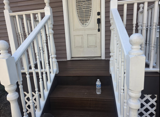 Front Porch Redo - Ripped up some old planks and installed trex decking with a crown, new balusters and railings and a skirt. Front Porch Redo - Ripped up some old planks and installed trex decking with a crown, new balusters and railings and a skirt.