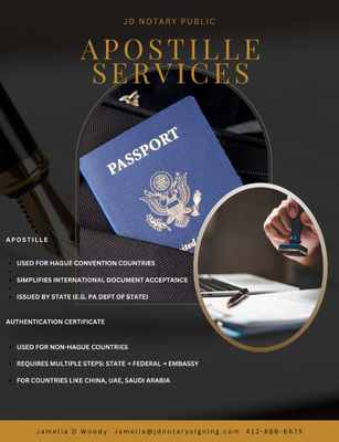 Seamless Apostille Processing - Document Authentication Made Effortless
Getting your documents legalized for international use shouldn’t be confusing. With JD Mobile Notary, we manage every step of the apostille process for you—from gathering the correct paperwork to working with the state. Our expertise ensures your important documents are accepted abroad, saving you time and worry.
Need an apostille, fast? Book your service now! Seamless Apostille Processing - Document Authentication Made Effortless
Getting your documents legalized for international use shouldn’t be confusing. With JD Mobile Notary, we manage every step of the apostille process for you—from gathering the correct paperwork to working with the state. Our expertise ensures your important documents are accepted abroad, saving you time and worry.
Need an apostille, fast? Book your service now!