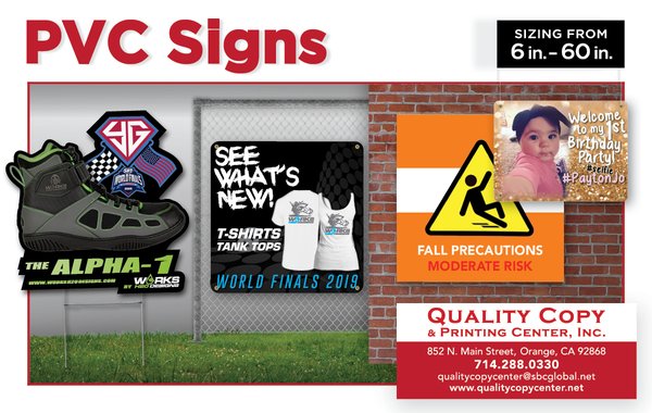 PVC Signs - 3mm PVC signs are lightweight, durable, weather-resistant, and printed on a smooth, bright-white rigid plastic. They have a low-glare, matte appearance, and are dent and scratch resistant. These signs provide excellent print quality and maintain their color in various lighting and weather conditions. PVC Signs - 3mm PVC signs are lightweight, durable, weather-resistant, and printed on a smooth, bright-white rigid plastic. They have a low-glare, matte appearance, and are dent and scratch resistant. These signs provide excellent print quality and maintain their color in various lighting and weather conditions.