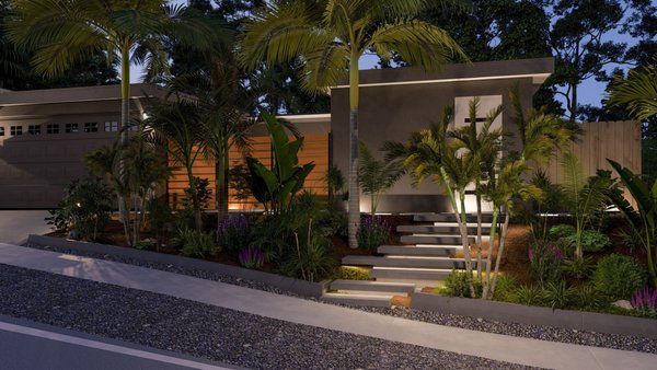 Clairemont, San Diego - Modern Front Yard Transformation - This modern front yard transformation in Clairemont, San Diego, was thoughtfully designed to elevate both curb appeal and functionality. The project features custom floating concrete entry steps, architectural landscape lighting, lush tropical planting, decorative concrete borders, and a sleek wood privacy gate - all working together to create a warm, inviting entrance with a clean contemporary aesthetic. Clairemont, San Diego - Modern Front Yard Transformation - This modern front yard transformation in Clairemont, San Diego, was thoughtfully designed to elevate both curb appeal and functionality. The project features custom floating concrete entry steps, architectural landscape lighting, lush tropical planting, decorative concrete borders, and a sleek wood privacy gate - all working together to create a warm, inviting entrance with a clean contemporary aesthetic.