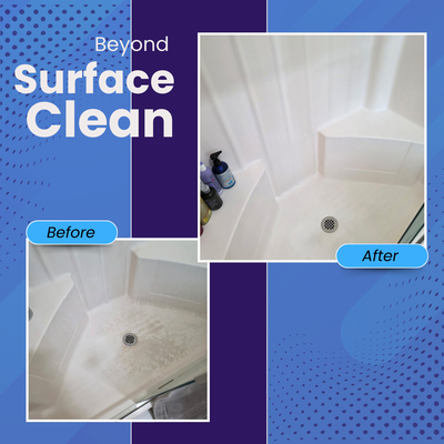 Tough Shower Grime - Ruby's Cleaning tackled stubborn shower grime that others couldn't remove. Using a specialized glass-safe scraping tool combined with CLR (Calcium Lime Rust) solution, we carefully tested and treated the area. Through patience and precision, we successfully restored the shower door & floor. Tough Shower Grime - Ruby's Cleaning tackled stubborn shower grime that others couldn't remove. Using a specialized glass-safe scraping tool combined with CLR (Calcium Lime Rust) solution, we carefully tested and treated the area. Through patience and precision, we successfully restored the shower door & floor.