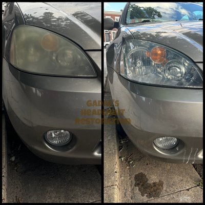 2002 Nissan Altima Restoration - This Nissan Altima was previously "restored" using WD-40. When restoring headlights if they begin to become foggy, then you need to remove the clearcoat over the headlight which is starting to deteriorate. In this photo, you can see a difference which will have a long lasting effect and won’t wash off in the rain like WD-40, which will only last you 3 weeks at best. Shortcut hacks are NOT UV resistant and will leave your headlights exposed to the sun, unlike a professional restoration. Call Gadal, and let's restore your headlights properly... The first time. 2002 Nissan Altima Restoration - This Nissan Altima was previously "restored" using WD-40. When restoring headlights if they begin to become foggy, then you need to remove the clearcoat over the headlight which is starting to deteriorate. In this photo, you can see a difference which will have a long lasting effect and won’t wash off in the rain like WD-40, which will only last you 3 weeks at best. Shortcut hacks are NOT UV resistant and will leave your headlights exposed to the sun, unlike a professional restoration. Call Gadal, and let's restore your headlights properly... The first time.
