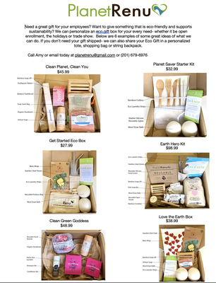 Eco Gift Boxes - At Planet Renu, we do beautiful Eco Gift Boxes. You can gift products that are sustainable and useful and feel good doing it! You can order 1 or in bulk for a family, group or company. We do large bulk orders and offer discounts.
Order online, in-store or contact us today to purchase an Eco Gift Box. Eco Gift Boxes - At Planet Renu, we do beautiful Eco Gift Boxes. You can gift products that are sustainable and useful and feel good doing it! You can order 1 or in bulk for a family, group or company. We do large bulk orders and offer discounts.
Order online, in-store or contact us today to purchase an Eco Gift Box.
