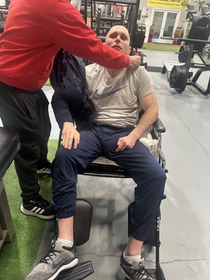 New Client- Heck of a challenge - I trained my new client when he was 21 years old for football, also helped him out as a personal trainer. He was in an accident a little over a year ago and slowly lost his ability to walk. He can hear and understand me but he’s non verbal but can text. Our current goal is to get his lower body stronger to stand and possibly walk again. This will be a challenge but I’m up for it. New Client- Heck of a challenge - I trained my new client when he was 21 years old for football, also helped him out as a personal trainer. He was in an accident a little over a year ago and slowly lost his ability to walk. He can hear and understand me but he’s non verbal but can text. Our current goal is to get his lower body stronger to stand and possibly walk again. This will be a challenge but I’m up for it.