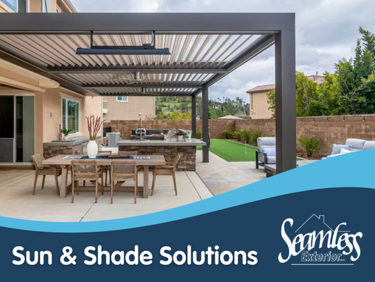 Sun & Shade Solutions - Seamless Exteriors’ Sun & Shade Solutions provide stylish, durable outdoor coverings designed to enhance comfort and usability in any outdoor living space. Whether you want to create shaded retreats over patios, decks, porches, or doorways, our expert team delivers tailored sun and shade installations that combine functionality with aesthetic appeal. Our solutions help protect your outdoor areas from sun, rain, and harsh weather while improving comfort and extending the life of outdoor furniture and finishes. With professional design and installation, you’ll enjoy reliable shade, increased usability of your outdoor spaces, and a finished look that complements your home’s exterior. Seamless Exteriors focuses on quality craftsmanship, durable materials, and solutions that bring practicality and style together, enhancing both your lifestyle and property value Sun & Shade Solutions - Seamless Exteriors’ Sun & Shade Solutions provide stylish, durable outdoor coverings designed to enhance comfort and usability in any outdoor living space. Whether you want to create shaded retreats over patios, decks, porches, or doorways, our expert team delivers tailored sun and shade installations that combine functionality with aesthetic appeal. Our solutions help protect your outdoor areas from sun, rain, and harsh weather while improving comfort and extending the life of outdoor furniture and finishes. With professional design and installation, you’ll enjoy reliable shade, increased usability of your outdoor spaces, and a finished look that complements your home’s exterior. Seamless Exteriors focuses on quality craftsmanship, durable materials, and solutions that bring practicality and style together, enhancing both your lifestyle and property value