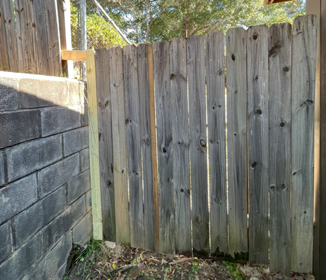 Fence Repair - Fence had rotted out and allowing her dogs out. Replaced all the bad wood and hardware and improved it so that her dog couldn't get out. Fence Repair - Fence had rotted out and allowing her dogs out. Replaced all the bad wood and hardware and improved it so that her dog couldn't get out.