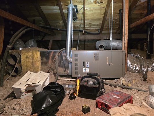 Attic installation - This customer was tired of heating and cooling their attic with their leaky outdated Furnace and ductwork. He gave us the nod and we went to work, replacing his system with a High Efficiency Heatpump and all new R-8 Ducting. Attic installation - This customer was tired of heating and cooling their attic with their leaky outdated Furnace and ductwork. He gave us the nod and we went to work, replacing his system with a High Efficiency Heatpump and all new R-8 Ducting.