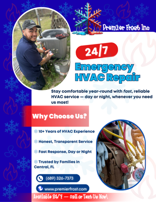24/7 Emergency Services Available - When your AC stops working, you need a team you can rely on. Premier Frost Inc. provides fast, dependable HVAC repair services across Central Florida. We’re available 24/7 to keep your home comfortable, with honest service and quick response times every step of the way. 24/7 Emergency Services Available - When your AC stops working, you need a team you can rely on. Premier Frost Inc. provides fast, dependable HVAC repair services across Central Florida. We’re available 24/7 to keep your home comfortable, with honest service and quick response times every step of the way.