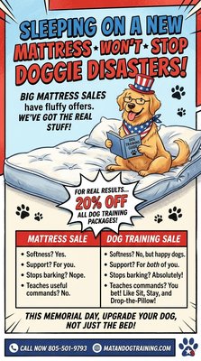 Memorial Day 20% Off All Training Packages Sale - You’ve seen the mattress ads.
You’ve heard about the “BIGGEST SALE OF THE YEAR.”
You’ve been told a queen mattress will “CHANGE YOUR LIFE.”
But let’s be honest…
Your mattress isn’t the one dragging you down the street, barking at squirrels, and pretending not to hear “come.”
Monday May 18th through May 25th Memorial Day only!
Call (805) 501-9793 today to reserve your spot before the sale ends. Memorial Day 20% Off All Training Packages Sale - You’ve seen the mattress ads.
You’ve heard about the “BIGGEST SALE OF THE YEAR.”
You’ve been told a queen mattress will “CHANGE YOUR LIFE.”
But let’s be honest…
Your mattress isn’t the one dragging you down the street, barking at squirrels, and pretending not to hear “come.”
Monday May 18th through May 25th Memorial Day only!
Call (805) 501-9793 today to reserve your spot before the sale ends.