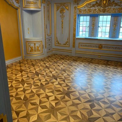 Hardwood Install - Hand crafted mixture of American Walnut and European White Oak mosaic flooring that goes hand in hand withe the Victorian theme in this Long Island mansion. Hardwood Install - Hand crafted mixture of American Walnut and European White Oak mosaic flooring that goes hand in hand withe the Victorian theme in this Long Island mansion.