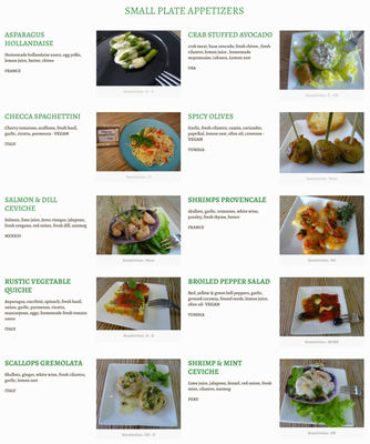 Small Plates - Amaze your guests with this international small plate feast Every gourmet small plate is prepared with the same exacting care as the other dishes, only in smaller sizes.