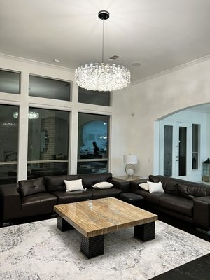 Chandelier Installation - Gorgeous Chandelier Installation 
This beast worths $5K, 36” wide 75lb real crystals.
4hrs Installation time .12 Ft Ceiling