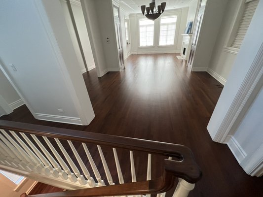 Hardwood Floor Refinishing - This project included 3500 ft² of sanding and refinishing of existing Brazilian cherry floor as well as three staircases with handrails. Hardwood Floor Refinishing - This project included 3500 ft² of sanding and refinishing of existing Brazilian cherry floor as well as three staircases with handrails.