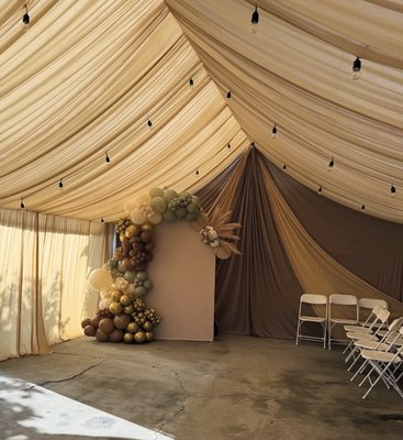 Tent Draping Projects - This was a 20x40 draped out in white, sage green and champagne/taupe color. It had a backdrop on both ends and came along with chairs, tables, linens and runners. Tent Draping Projects - This was a 20x40 draped out in white, sage green and champagne/taupe color. It had a backdrop on both ends and came along with chairs, tables, linens and runners.