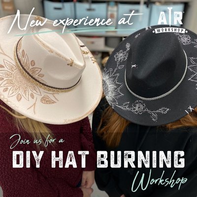 Hat Burning & Decorating - Transform one of our stylish hats with a personalized burning technique.
Choose your hat color and dive into the creative process, opting between stencil or freehand methods, all under the guidance of our expert instructors. Then, top it off with embellishments. Hat Burning & Decorating - Transform one of our stylish hats with a personalized burning technique.
Choose your hat color and dive into the creative process, opting between stencil or freehand methods, all under the guidance of our expert instructors. Then, top it off with embellishments.