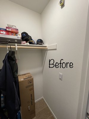Stairwell cubby - Customer wanted to add storage to closet underneath stair well similar to what they had seen in a model of their home. I opened the drywall for them but we found two studs making access challenging. Removed studs and added additional support and made pass through. Then we installed lighting in the cubby and tied it to existing closet light switch. Finished off with drywall and texture so customer could paint.