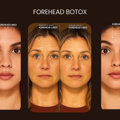 Botox Treatment – Forehead Lines (Before & After) - This image showcases the visible improvement in moderate to severe forehead lines following a Botox treatment. On the left, the client presents with dynamic wrinkles caused by repeated muscle movement—most noticeable across the central and lateral forehead. On the right, post-treatment, the forehead appears significantly smoother and more relaxed, with a natural finish that preserves expression while softening deep lines.
Dr. Danuta’s technique emphasizes precision and a conservative approach, ensuring minimal discomfort and a refined, natural look. The results highlight how Botox can effectively reduce the appearance of forehead wrinkles without creating a “frozen” effect.