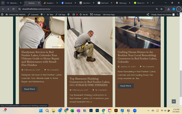 Straub Fine Finishes - Our client, a contractor with 30+ years experience working for firms in the Denver area, had just relocated to Northern Colorado and needed to generate income quickly. I photographed the client at a job site and created his content, logo design and website within a week. With social media posts of blog articles and his portfolio photos, Chris had new bid requests and jobs in less than two weeks of working with RMM!
Chris now has a successful business in the Red Feather Lakes area and continues building business via social media and word-of-mouth. Straub Fine Finishes - Our client, a contractor with 30+ years experience working for firms in the Denver area, had just relocated to Northern Colorado and needed to generate income quickly. I photographed the client at a job site and created his content, logo design and website within a week. With social media posts of blog articles and his portfolio photos, Chris had new bid requests and jobs in less than two weeks of working with RMM!
Chris now has a successful business in the Red Feather Lakes area and continues building business via social media and word-of-mouth.