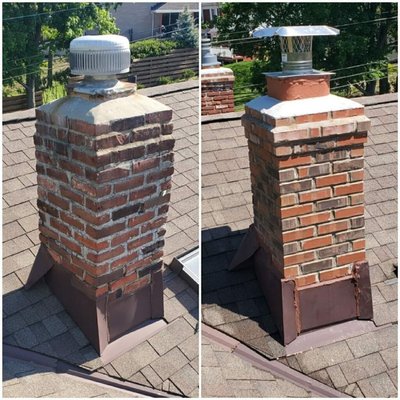 Chimney Rebuild, Chimney Reline - Rebuild of chimney and new stainless steel liner installation, connected to heating appliances in North Royalton.  May 2021.

Use of aluminum liners is against code for gas appliances.  They deteriorate quickly, and any warranty given is void because it is the wrong material. This chimney deteriorated from the large amount of moisture being sent into the chimney due to a faulty/failing liner.

Before, After