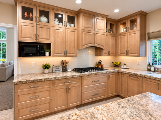 Custom Kitchen Cabinetry Remodel - Custom kitchen remodel in Folsom, CA featuring custom maple cabinetry, granite countertops, a custom-built range hood, glass cabinet doors with integrated lighting, stainless steel appliances and fixtures, modern stainless cabinet hardware, and recessed can lighting throughout. The cabinetry was designed to maximize storage and functionality while creating a warm, high-end finished look. Glass display cabinets, accent lighting, and detailed custom millwork complete the space.