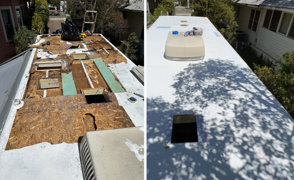 Reinforced fabric + silicone - In this job, we had to work extensively on the roof structure because the leak had caused significant damage. To prevent future leaks, we used reinforced fabric and silicone. Reinforced fabric + silicone - In this job, we had to work extensively on the roof structure because the leak had caused significant damage. To prevent future leaks, we used reinforced fabric and silicone.