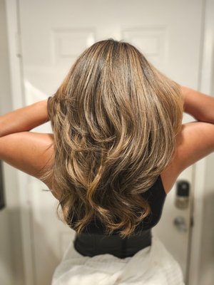 highlights,toner,blow dry - worked on this beautiful client a full head of highlights with a caramel toner finished with a blow dry.