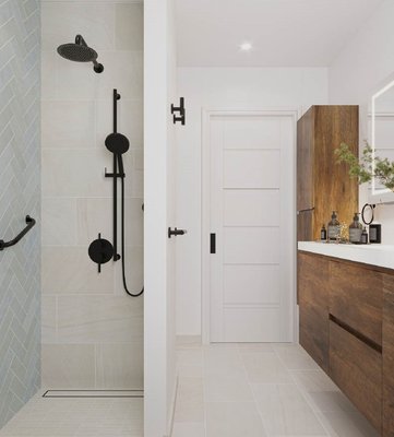 Oakland - Bathroom remodel - This bathroom remodel optimized space with custom shelving, sink built into wide vanity, roomy walk-in shower Oakland - Bathroom remodel - This bathroom remodel optimized space with custom shelving, sink built into wide vanity, roomy walk-in shower