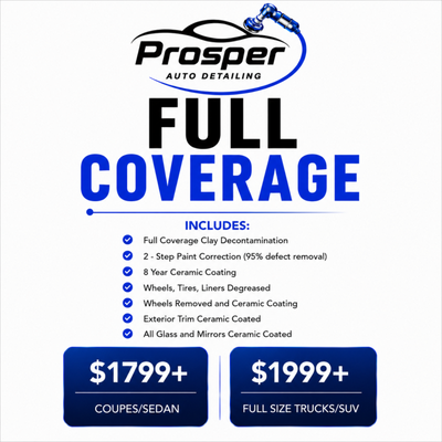 Full Coverage Package - Our Full Coverage Package is our most comprehensive detailing service, delivering complete restoration, correction, and long-lasting protection for your vehicle inside and out. This all-inclusive package combines our full Interior Reset with advanced paint correction and premium ceramic coating to achieve a true showroom-quality finish.
The service includes a complete interior restoration, professional exterior detail and decontamination, multi-stage paint correction to remove defects and restore maximum gloss and clarity, followed by premium ceramic coating applied to painted surfaces, wheels, trim, glass, leather, and fabric. Every surface is professionally cleaned, restored, protected, and finished with meticulous attention to detail.
As the highest level of service we offer, the Full Coverage Package is ideal for vehicle owners who want the best possible results and long-term protection. Whether you're preserving a new vehicle, revitalizing a well-loved daily driver, or preparing a special vehicle for years of enjoyment, this package delivers unmatched gloss, easier maintenance, and lasting protection—all with the convenience of our fully mobile detailing service. Full Coverage Package - Our Full Coverage Package is our most comprehensive detailing service, delivering complete restoration, correction, and long-lasting protection for your vehicle inside and out. This all-inclusive package combines our full Interior Reset with advanced paint correction and premium ceramic coating to achieve a true showroom-quality finish.
The service includes a complete interior restoration, professional exterior detail and decontamination, multi-stage paint correction to remove defects and restore maximum gloss and clarity, followed by premium ceramic coating applied to painted surfaces, wheels, trim, glass, leather, and fabric. Every surface is professionally cleaned, restored, protected, and finished with meticulous attention to detail.
As the highest level of service we offer, the Full Coverage Package is ideal for vehicle owners who want the best possible results and long-term protection. Whether you're preserving a new vehicle, revitalizing a well-loved daily driver, or preparing a special vehicle for years of enjoyment, this package delivers unmatched gloss, easier maintenance, and lasting protection—all with the convenience of our fully mobile detailing service.