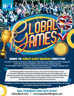 Global Games Challenge! - Like the real thing, the TBROI Olympics includes an Opening Ceremony, Olympic-Style Competitions, and Medal Ceremony. Teams write their "national anthems" and participate in a Parade of Nations to kick off the competition. Teams choose from various customized challenges, with the top three teams receiving medals in a closing ceremony that is equally hilarious and celebratory! Global Games Challenge! - Like the real thing, the TBROI Olympics includes an Opening Ceremony, Olympic-Style Competitions, and Medal Ceremony. Teams write their "national anthems" and participate in a Parade of Nations to kick off the competition. Teams choose from various customized challenges, with the top three teams receiving medals in a closing ceremony that is equally hilarious and celebratory!