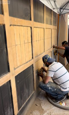 GARAGE DOORS STAIN FINISH - THIS GARAGE DOORS WERE PREPARED BY REMOVING ALL OLD PAINT, FOR THE NEXT STEP IS ADDING STAIN COATS, AND FINALLY APPLY ONE COAT OF OIL PROTECTION.