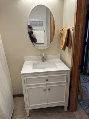 Bathroom remodel - This customer had an outdated bathroom from when she had moved into her home! The sink was cracked, the mirror was outdated, and the bathroom just needed a makeover. We ended up swapping the light fixture as well to tie the whole bathroom together! Bathroom remodel - This customer had an outdated bathroom from when she had moved into her home! The sink was cracked, the mirror was outdated, and the bathroom just needed a makeover. We ended up swapping the light fixture as well to tie the whole bathroom together!