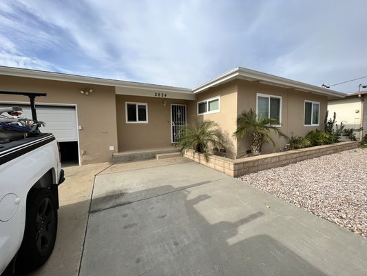 Exterior January 2022 - Updating Exterior paints job. Customer went with a Bher color called Polo Tan for the stucco and Ultra Pure white for Eves and facia. Front door and security door painted as well to match Trim.