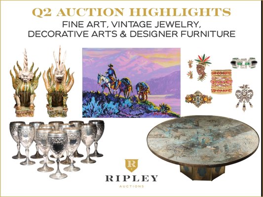 Q2 Auction Highlights: Art, Jewelry, Design & More - Ripley Auctions & Appraisals - Ripley Auctions & Appraisals held 15 auctions during Q2 2026, with strong results across fine art, vintage costume jewelry, sterling silver, decorative arts and designer furniture.
Highlights included Western paintings by Larry Pirnie and Malcolm Furlow, an Egyptian Revival scarab bracelet that sold for more than six times its high estimate, Tang Dynasty pottery, Meissen porcelain and a Philip and Kelvin LaVerne “Chan” coffee table.
These results reflect the range of property we handle and the importance of presenting each piece to the right audience. If you are considering selling fine art, jewelry, silver, decorative arts, designer furniture or an entire estate collection, our team can guide you from the initial evaluation through auction.
Contact Ripley Auctions & Appraisals to request a complimentary auction evaluation: RipleyAuctions.com. Q2 Auction Highlights: Art, Jewelry, Design & More - Ripley Auctions & Appraisals - Ripley Auctions & Appraisals held 15 auctions during Q2 2026, with strong results across fine art, vintage costume jewelry, sterling silver, decorative arts and designer furniture.
Highlights included Western paintings by Larry Pirnie and Malcolm Furlow, an Egyptian Revival scarab bracelet that sold for more than six times its high estimate, Tang Dynasty pottery, Meissen porcelain and a Philip and Kelvin LaVerne “Chan” coffee table.
These results reflect the range of property we handle and the importance of presenting each piece to the right audience. If you are considering selling fine art, jewelry, silver, decorative arts, designer furniture or an entire estate collection, our team can guide you from the initial evaluation through auction.
Contact Ripley Auctions & Appraisals to request a complimentary auction evaluation: RipleyAuctions.com.