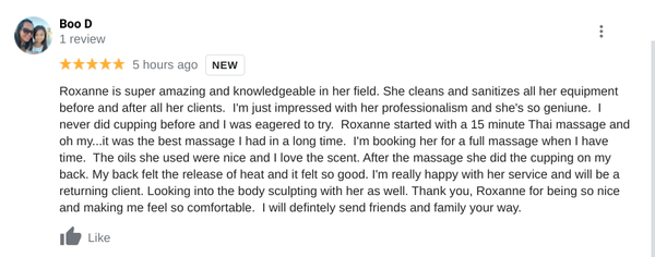 Additional Client Testimonials! - My mission as a massage therapist is to care for the health and well-being of my clients. Certified & Insured Massage Therapist & Body Sculpting Technician

https://roxanne-body-sculpting-llc.square.site/