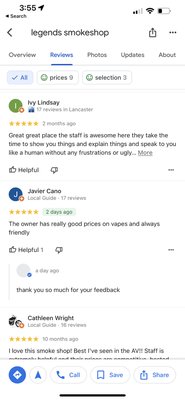 Google reviews - a retail store that sells various smoking-related products, such as tobacco, cigarettes, cigars, pipes, hookahs, rolling papers, vaporizers, and smoking accessories. Some smoke shops also sell cannabis-related products, including smoking devices and paraphernalia. These shops cater to individuals who smoke or use tobacco or cannabis products.