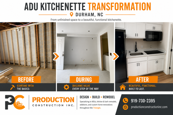 Fisk ADU - Making every square foot count.
This custom kitchenette is part of an ADU project in Durham, NC, designed to provide the essentials of a full kitchen while maximizing the available living space. From the initial framing to the finished cabinetry, countertops, appliances, plumbing, and flooring, we transformed this area into a clean, functional space that fits perfectly within the ADU.
Thinking about adding an ADU to your property? Production Construction Inc. can help you take it from concept to completion.
Durham, NC
919-730-2395
productionconstructioninc.com Fisk ADU - Making every square foot count.
This custom kitchenette is part of an ADU project in Durham, NC, designed to provide the essentials of a full kitchen while maximizing the available living space. From the initial framing to the finished cabinetry, countertops, appliances, plumbing, and flooring, we transformed this area into a clean, functional space that fits perfectly within the ADU.
Thinking about adding an ADU to your property? Production Construction Inc. can help you take it from concept to completion.
Durham, NC
919-730-2395
productionconstructioninc.com
