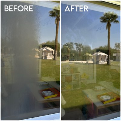 Hard Water Glass Restoration: Bringing Clarity Back to Your Windows - One of our clients was struggling with a giant hard water stain on her office window, completely obscuring the view of her beautiful backyard. She asked if we could help, and we confidently said yes! What followed was an incredible transformation that took her window from cloudy to crystal clear—an unbelievable difference! Hard Water Glass Restoration: Bringing Clarity Back to Your Windows - One of our clients was struggling with a giant hard water stain on her office window, completely obscuring the view of her beautiful backyard. She asked if we could help, and we confidently said yes! What followed was an incredible transformation that took her window from cloudy to crystal clear—an unbelievable difference!