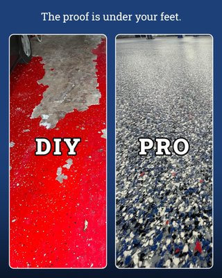 DIY vs PRO The Proof Is Under Your Feet - Weekend project or lifetime investment?
DIY kits fade, peel, and bubble. Our professional coatings stay flawless for decades.

⭐⭐⭐⭐⭐ ‘Very professional company. Their sales team went above and beyond… The floor looks perfect, and I’m really happy with Garage Flooring Experts.’ — B. Frami 

DIY = Do It Again Next Year.
Pro = Done Right the First Time.
