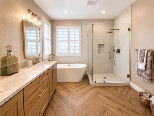 Master Bathroom Remodel Natomas - This custom master bathroom remodel in Natomas, CA transformed an outdated bathroom into a bright, functional space with a more open layout and modern finishes. The renovation included complete demolition, installation of a new waterproof shower system, a custom walk-in shower with luxury tile, a frameless glass shower enclosure, a freestanding soaking tub with a floor-mounted tub filler, a custom double-sink wood vanity with quartz countertops, updated plumbing fixtures, recessed lighting, and luxury wood tile flooring. Every detail was carefully selected to improve functionality, maximize storage, and create a timeless design built with quality craftsmanship.