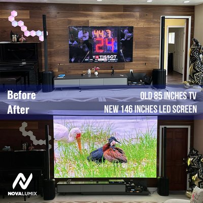 LED Screen 146 Inches In Living Room - This upgraded was done on a customer living room. The Upgraded from the Old 85” OLED TV to the brand new 146 Inches LED Screen.