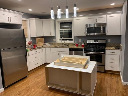 Kitchen and bathroom remodeling - Our team remodeled a kitchen and bathroom in one project. Before we came customer's house situation was poor, kitchen cabinet doors, countertop, shelves were worn out, some broken and granite was damaged. Bathroom also was in bad condition. We first talked to customer how to design it, what colors and materials to use. Then we estimated the whole project, and after getting final approval from our valuable customer our team started it. Final version is in the pictures. Kitchen and bathroom remodeling - Our team remodeled a kitchen and bathroom in one project. Before we came customer's house situation was poor, kitchen cabinet doors, countertop, shelves were worn out, some broken and granite was damaged. Bathroom also was in bad condition. We first talked to customer how to design it, what colors and materials to use. Then we estimated the whole project, and after getting final approval from our valuable customer our team started it. Final version is in the pictures.