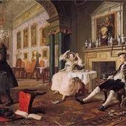 Two genre paintings used as visual aids for a Charity Benefit Lecture. - These two are part of a series of six paintings entitled, "Marriage a la Mode" depicting a "Tete a Tete," literally translated as "heart-to-heart" or "one-on-one," and "The Toilette," also named "The Countess's Morning Levee."  Both are good examples of the ever increasing popularity of early 18th century English genre painting which, in this instance, when viewed in chronological order, depict a satirical story meant for public entertainment.  Other artist's works are more contemplative and portray everyday life of the English.  By noted artist, William Hogarth, circa 1743.