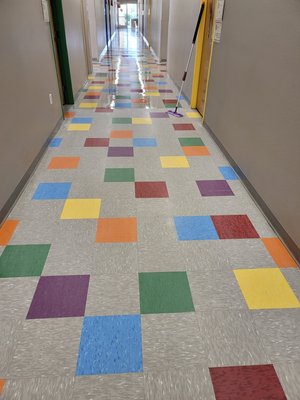 Floor restoration at Immanuel Baptist Church. - This floor, which is in the pre-school at Immanuel Baptist Church, offers some colors for sure. They do a good job at maintaining the floor, but after a few years, it needs a few layers of wax removed to make room for the new. We did a dry strip to remove a few layers and then applied two coats of high gloss floor finish. This makes the floor look great but also protects it from wear.
If you are in need of this service or know of a business, that is, let us know. We do pay referral fee's. Thank you. Floor restoration at Immanuel Baptist Church. - This floor, which is in the pre-school at Immanuel Baptist Church, offers some colors for sure. They do a good job at maintaining the floor, but after a few years, it needs a few layers of wax removed to make room for the new. We did a dry strip to remove a few layers and then applied two coats of high gloss floor finish. This makes the floor look great but also protects it from wear.
If you are in need of this service or know of a business, that is, let us know. We do pay referral fee's. Thank you.