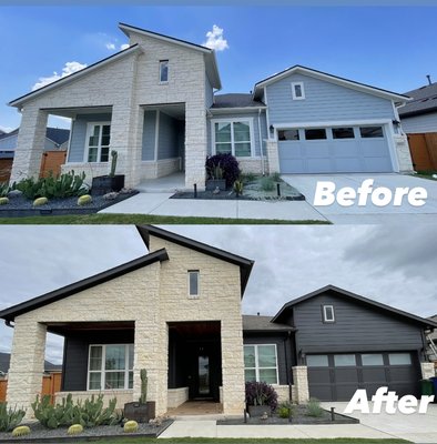 Residential Painting - This project was for a customer who purchased a new home in Austin Texas and just did not like colors. We repainted the full exterior to darker color. 

We also installed Tongue and Groove wood on the ceilings in front patio and back patio. We then stained the material with Ready Seal Stain.